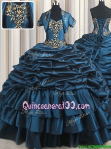 Nice Navy Blue Sleeveless With Train Beading and Appliques and Pick Ups Lace Up Quince Ball Gowns
