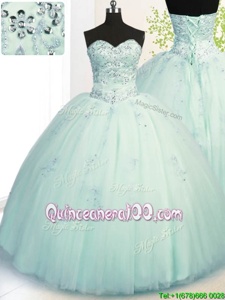 Discount Light Blue Tulle Lace Up Sweetheart Sleeveless Floor Length Quinceanera Gowns Beading and Appliques