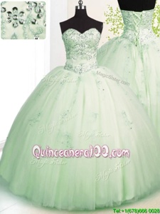 Attractive Sleeveless Floor Length Beading and Appliques Lace Up Quinceanera Gowns with Apple Green
