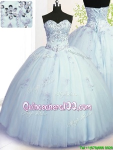 Fashion Floor Length Light Blue Quince Ball Gowns Tulle Sleeveless Spring and Summer and Fall and Winter Beading and Appliques