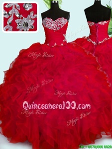 Red Ball Gowns Organza Sweetheart Sleeveless Beading and Ruffles Floor Length Lace Up Quinceanera Gowns