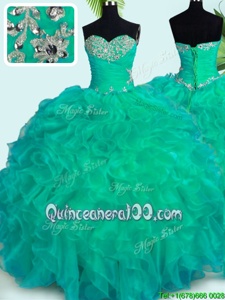 Customized Beading and Ruffles Sweet 16 Dress Turquoise Lace Up Sleeveless Floor Length
