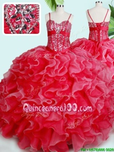 Hot Sale Red Spaghetti Straps Neckline Beading and Ruffles Quince Ball Gowns Sleeveless Lace Up