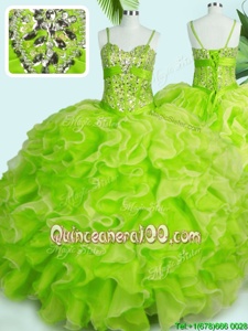 Discount Yellow Green Ball Gowns Beading and Ruffles Quinceanera Gowns Lace Up Organza Sleeveless Floor Length