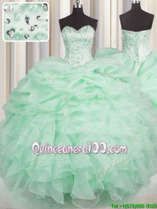 Sleeveless Floor Length Beading and Ruffles Lace Up Sweet 16 Dress with Apple Green