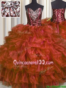 Sleeveless Organza Floor Length Lace Up Quinceanera Dress inRed forSpring and Summer and Fall and Winter withBeading and Ruffles