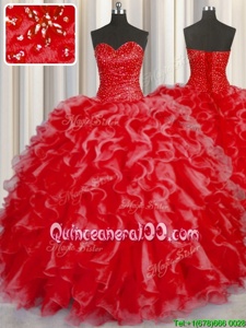 Custom Fit Halter Top Sleeveless 15 Quinceanera Dress Floor Length Beading and Ruffles Coral Red Organza