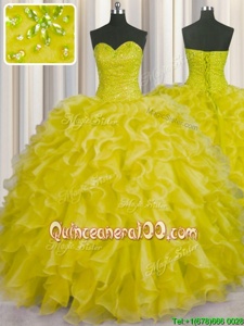 Perfect Floor Length Yellow Green Quinceanera Gowns Organza Sleeveless Spring and Summer and Fall and Winter Beading and Ruffles
