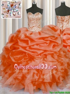 Discount Floor Length Lace Up Sweet 16 Dress Orange and In forMilitary Ball and Sweet 16 and Quinceanera withBeading and Ruffles and Pick Ups