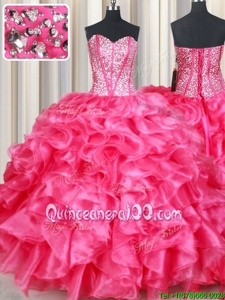 Fitting Coral Red Lace Up Sweetheart Beading and Ruffles 15th Birthday Dress Organza Sleeveless