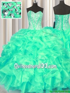 Charming Sweetheart Sleeveless Quinceanera Gowns Floor Length Beading and Ruffles Turquoise Organza