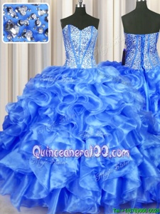 Ball Gowns Quince Ball Gowns Blue Sweetheart Organza Sleeveless Floor Length Lace Up