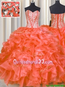 Cute Orange Red Ball Gowns Sweetheart Sleeveless Organza Floor Length Lace Up Beading and Ruffles Quince Ball Gowns