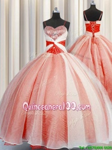 Beauteous Sequins Floor Length Ball Gowns Sleeveless Orange Red Quinceanera Dresses Lace Up