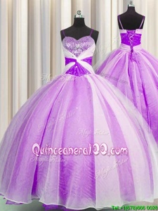 Spectacular Sequins Spaghetti Straps Lilac Sleeveless Organza Lace Up 15th Birthday Dress forMilitary Ball and Sweet 16 and Quinceanera