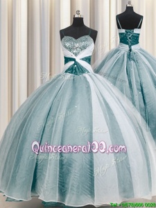Gorgeous Ball Gowns Sweet 16 Dresses Teal Spaghetti Straps Organza Half Sleeves Floor Length Lace Up