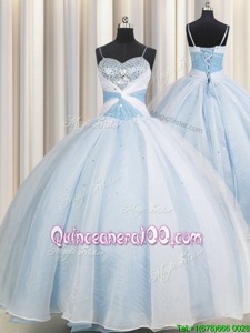 Spaghetti Straps Light Blue Organza Lace Up Quinceanera Dress Sleeveless Floor Length Beading and Ruching