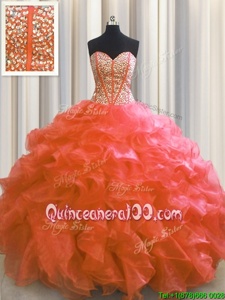 High Quality Visible Boning Red Sleeveless Floor Length Beading and Ruffles Lace Up Ball Gown Prom Dress