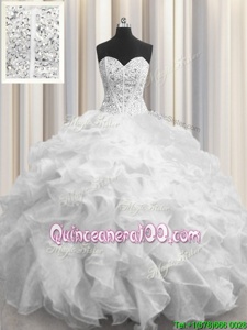 Stylish Visible Boning White Ball Gowns Organza Sweetheart Sleeveless Beading and Ruffles Floor Length Lace Up Quince Ball Gowns