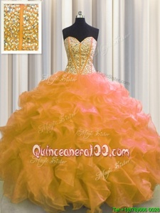 Discount Visible Boning Floor Length Orange Sweet 16 Quinceanera Dress Organza Sleeveless Spring and Summer and Fall and Winter Beading and Ruffles