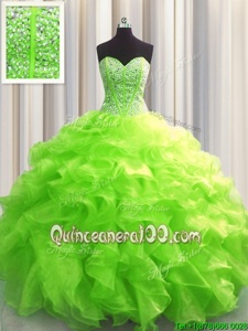 Trendy Visible Boning Spring Green Sweetheart Lace Up Beading and Ruffles Vestidos de Quinceanera Sleeveless