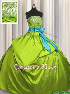 Cheap Floor Length Yellow Green Sweet 16 Dresses Taffeta Sleeveless Spring and Summer and Fall and Winter Beading and Ruching and Bowknot
