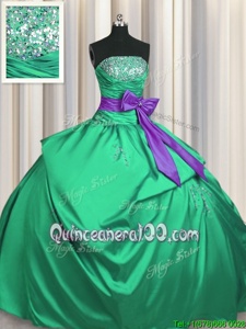 Green Strapless Neckline Beading and Pick Ups and Bowknot Sweet 16 Quinceanera Dress Sleeveless Lace Up