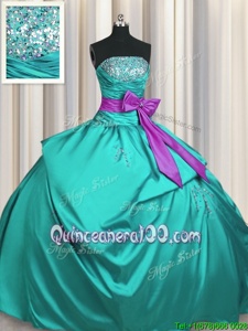 Decent Turquoise Taffeta Lace Up Sweet 16 Quinceanera Dress Sleeveless Floor Length Beading and Ruching and Bowknot