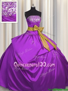 Modest Sleeveless Floor Length Beading and Bowknot Lace Up Quinceanera Gowns with Fuchsia