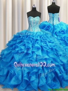 Superior Visible Boning Sleeveless Organza Brush Train Lace Up Quinceanera Dresses inBaby Blue forSpring and Summer and Fall and Winter withBeading and Ruffles
