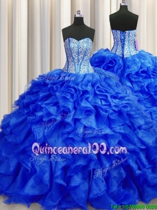 Fantastic Visible Boning Organza Sweetheart Sleeveless Brush Train Lace Up Beading and Ruffles Quinceanera Gown inRoyal Blue