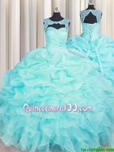 Fitting Scoop Floor Length Lace Up 15th Birthday Dress Aqua Blue and In forMilitary Ball and Sweet 16 and Quinceanera withBeading and Pick Ups