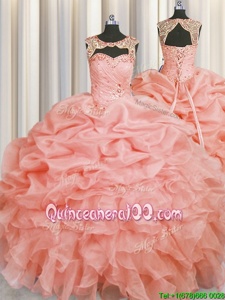 Cheap Scoop Beading and Pick Ups Quinceanera Gown Baby Pink Lace Up Sleeveless Floor Length