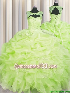 Eye-catching Scoop Floor Length Lace Up Sweet 16 Quinceanera Dress Yellow Green and In forMilitary Ball and Sweet 16 and Quinceanera withBeading and Pick Ups
