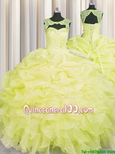 Scoop Yellow Organza Lace Up Ball Gown Prom Dress Sleeveless Floor Length Beading and Pick Ups