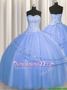 Visible Boning Big Puffy Floor Length Light Blue Quince Ball Gowns Sweetheart Sleeveless Lace Up
