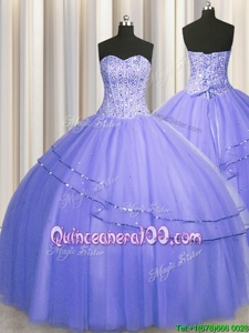 Artistic Visible Boning Puffy Skirt Ball Gowns Vestidos de Quinceanera Purple Sweetheart Tulle Sleeveless Floor Length Lace Up