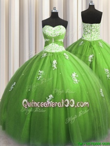 Elegant Green Ball Gowns Sweetheart Sleeveless Tulle Floor Length Lace Up Beading and Appliques Quinceanera Gown