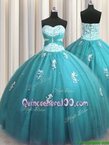 Classical Halter Top Aqua Blue Sleeveless Beading and Appliques Floor Length Quince Ball Gowns