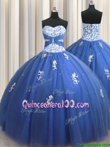 Unique Floor Length Lace Up 15 Quinceanera Dress Royal Blue and In forMilitary Ball and Sweet 16 and Quinceanera withBeading and Appliques