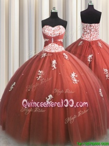 Most Popular Sweetheart Sleeveless Lace Up 15 Quinceanera Dress Rust Red Tulle