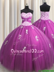 Fitting Ball Gowns Quinceanera Dress Fuchsia Sweetheart Tulle Sleeveless Floor Length Lace Up
