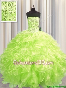 Glittering Visible Boning Ball Gowns 15 Quinceanera Dress Yellow Green Strapless Organza Sleeveless Floor Length Lace Up