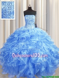 Deluxe Visible Boning Sleeveless Floor Length Beading and Ruffles Lace Up 15 Quinceanera Dress with Baby Blue