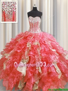 Visible Boning Watermelon Red Sleeveless Beading and Ruffles and Sequins Floor Length Quinceanera Dresses