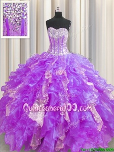 Modest Visible Boning Lavender Organza and Sequined Lace Up Sweet 16 Quinceanera Dress Sleeveless Floor Length Beading and Ruffles and Sequins