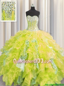 Fashionable Visible Boning Yellow Quinceanera Dress Military Ball and Sweet 16 and Quinceanera and For withBeading and Ruffles and Sequins Sweetheart Sleeveless Lace Up