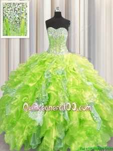 Flare Visible Boning Sweetheart Sleeveless Sweet 16 Dresses Floor Length Beading and Ruffles and Sequins Yellow Green Organza and Sequined