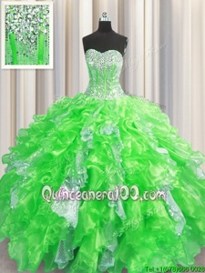 Artistic Visible Boning Beading and Ruffles and Sequins 15th Birthday Dress Spring Green Lace Up Sleeveless Floor Length