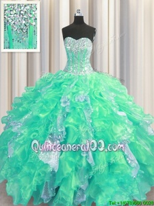Fine Sleeveless Floor Length Beading and Ruffles and Sequins Lace Up 15 Quinceanera Dress with Turquoise